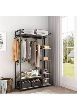 Yeah Depot JHX Free-Standing Closet Organizer with Storage Box & Side Hook, Portable Garment Rack with 6 Shelves and Hanging Rod, Black Metal Frame&Rustic Board Finish, Hanging Closet Shelves(Light Ivory). -US Luxury Inn Sales 2023 Belk 65